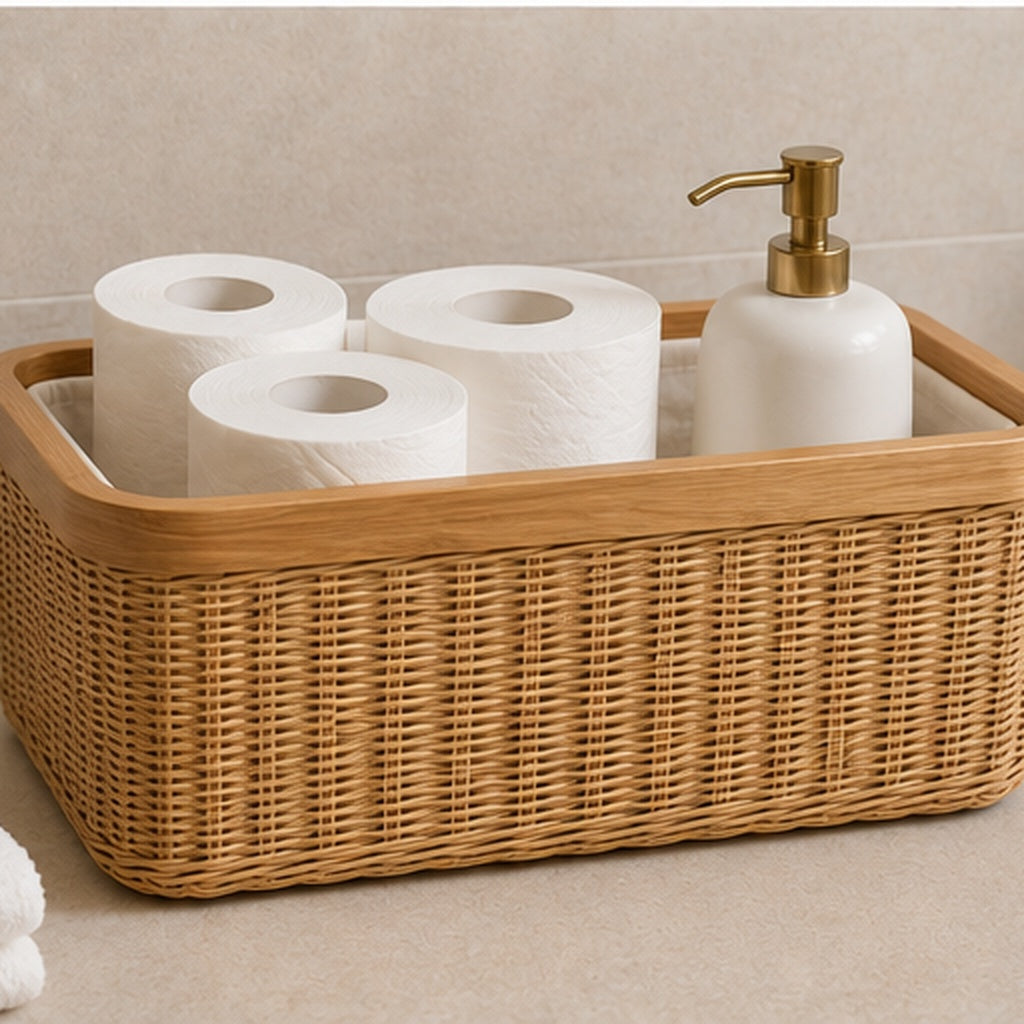 Woven Storage Basket with Fabric Liner – Natural Rattan Organizer for Bathroom, Kitchen & Home