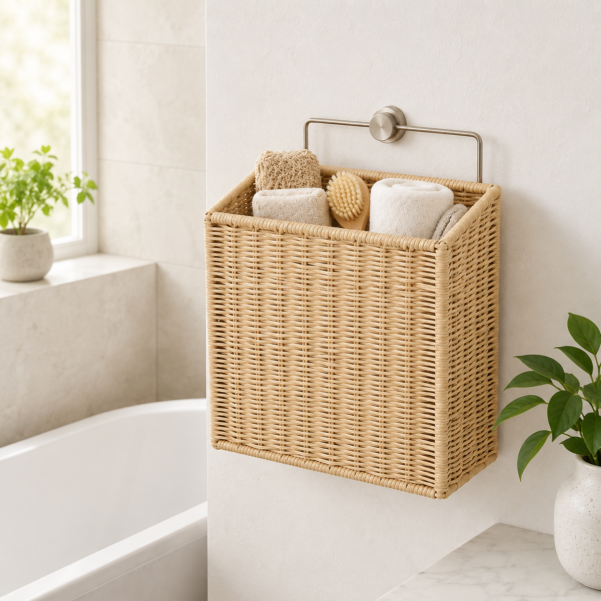 Woven Bathroom Storage Basket with Handle – Natural Organizer for Towels, Shampoo & Shower Essentials