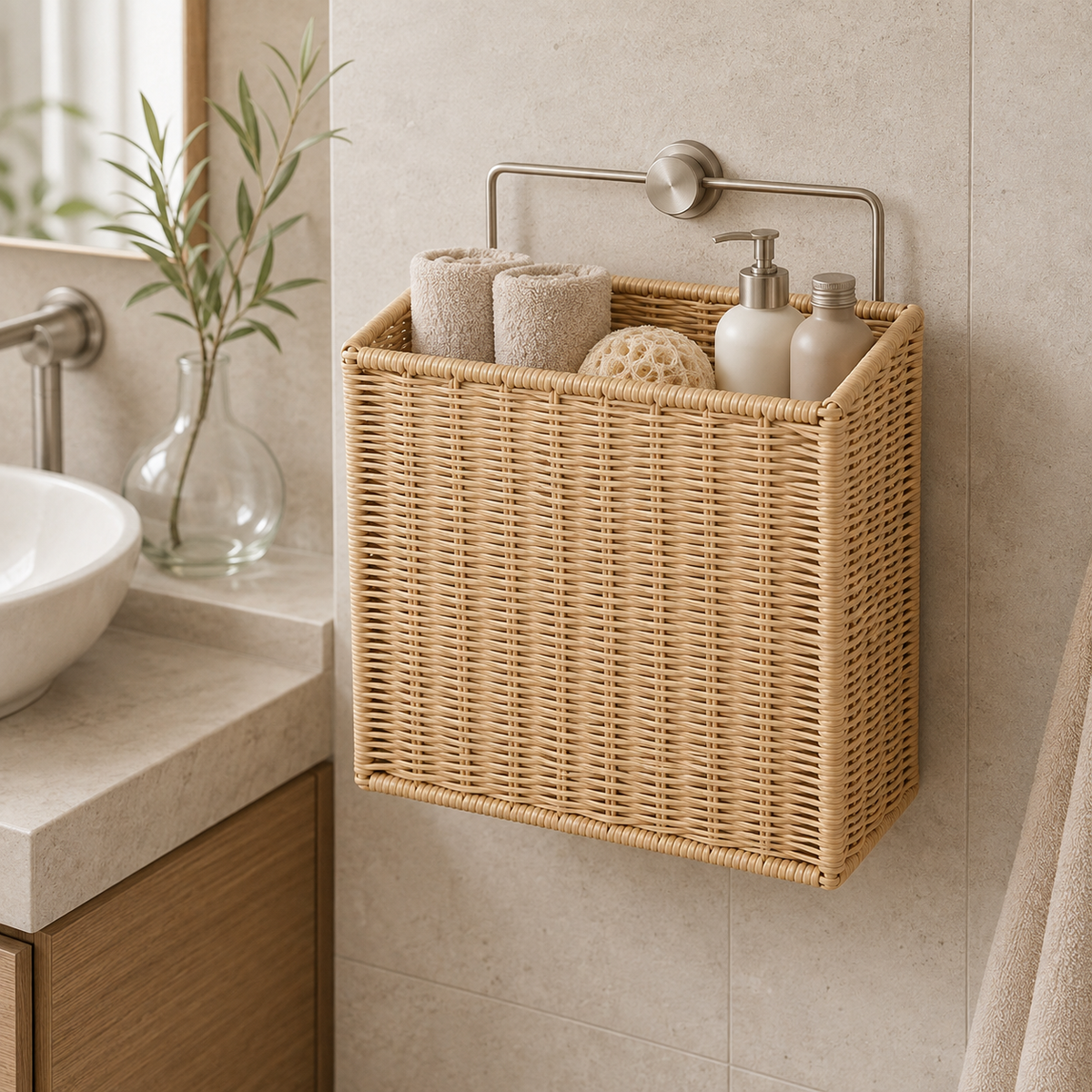Woven Bathroom Storage Basket with Handle – Natural Organizer for Towels, Shampoo & Shower Essentials