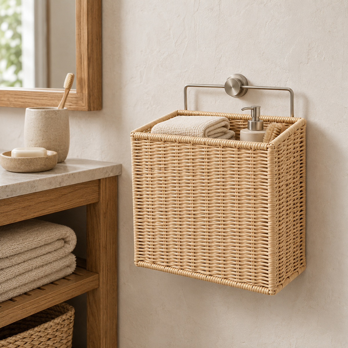 Woven Bathroom Storage Basket with Handle – Natural Organizer for Towels, Shampoo & Shower Essentials