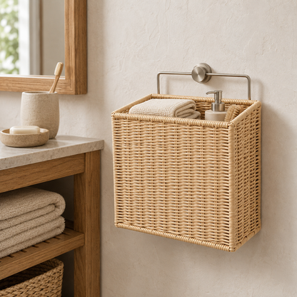 Woven Bathroom Storage Basket with Handle – Natural Organizer for Towels, Shampoo & Shower Essentials
