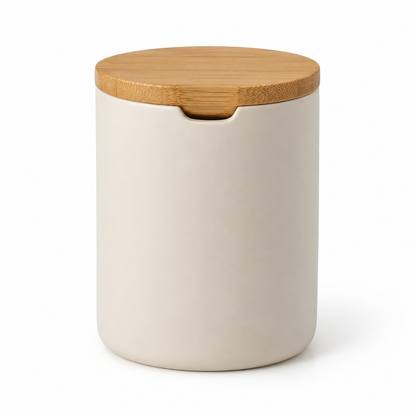 Ceramic Bathroom Storage Jar with Bamboo Lid – Minimalist Organizer for Cotton Pads, Swabs & Beauty Essentials