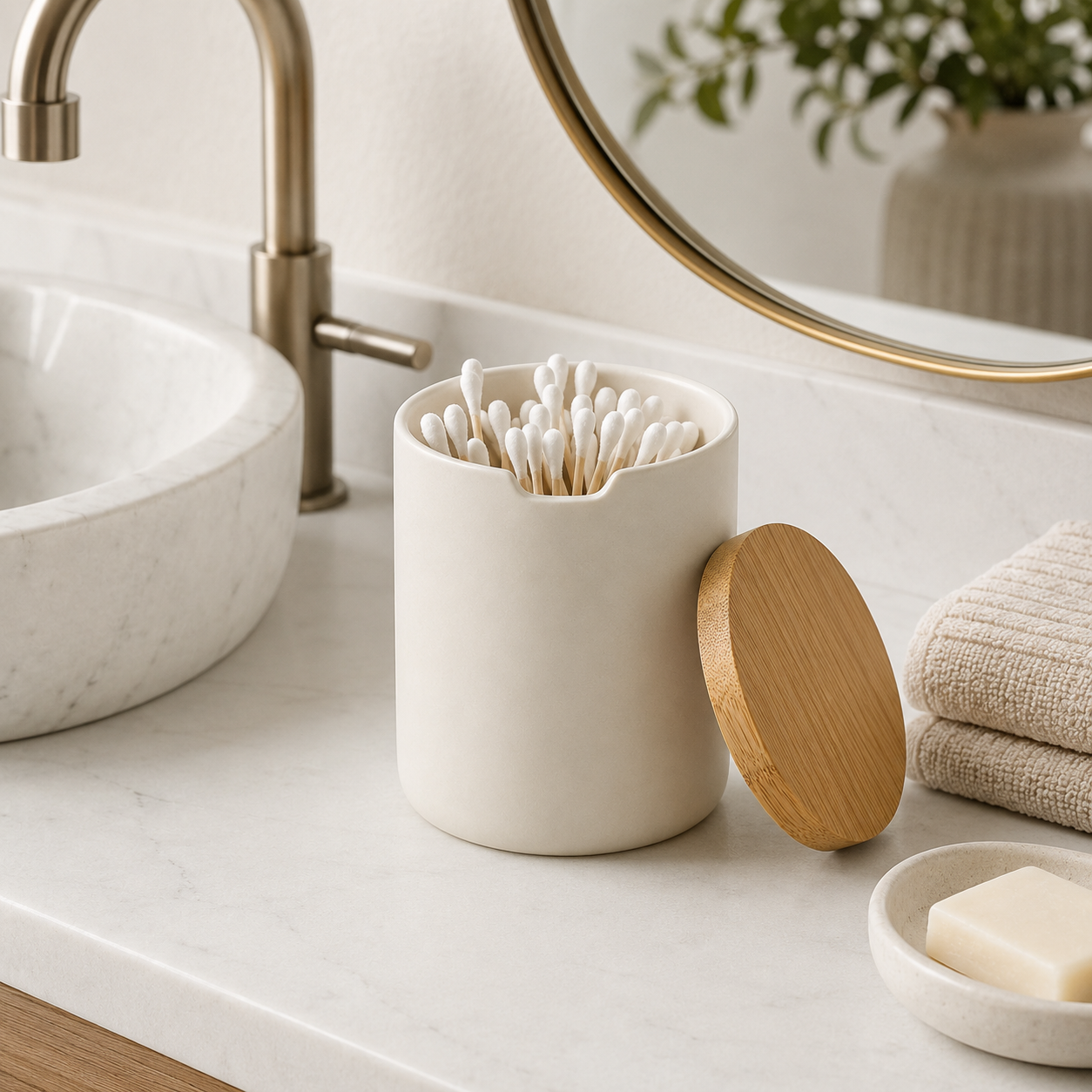 Ceramic Bathroom Storage Jar with Bamboo Lid – Minimalist Organizer for Cotton Pads, Swabs & Beauty Essentials