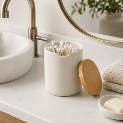 Ceramic Bathroom Storage Jar with Bamboo Lid – Minimalist Organizer for Cotton Pads, Swabs & Beauty Essentials