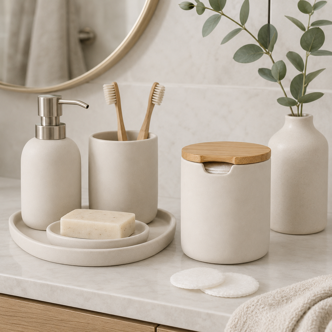 Ceramic Bathroom Storage Jar with Bamboo Lid – Minimalist Organizer for Cotton Pads, Swabs & Beauty Essentials