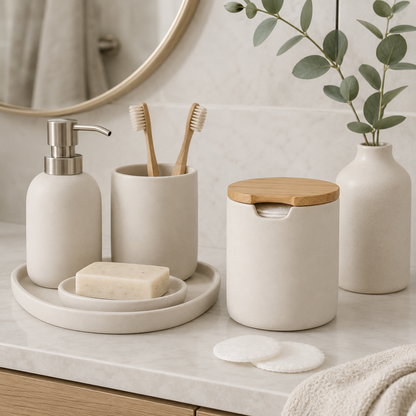 Ceramic Bathroom Storage Jar with Bamboo Lid – Minimalist Organizer for Cotton Pads, Swabs & Beauty Essentials