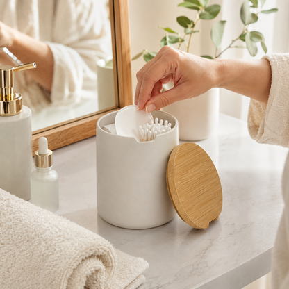 Ceramic Bathroom Storage Jar with Bamboo Lid – Minimalist Organizer for Cotton Pads, Swabs & Beauty Essentials