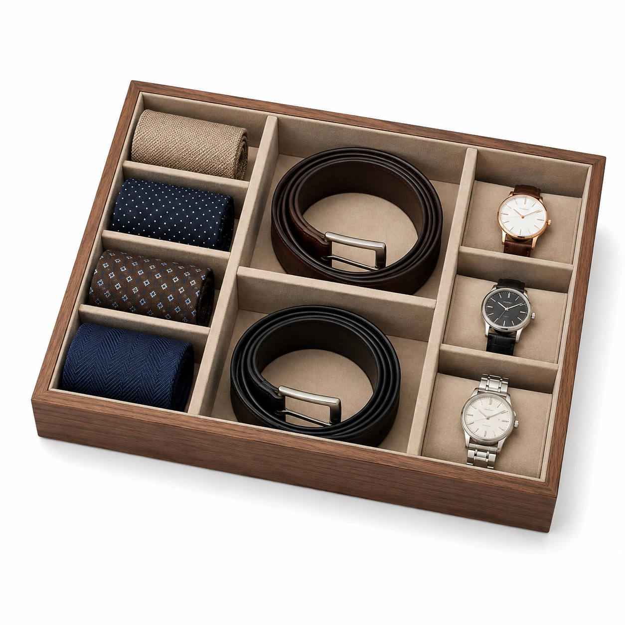 Luxury Tie & Watch Organizer Tray – Multi-Compartment Drawer Storage for Men’s Accessories