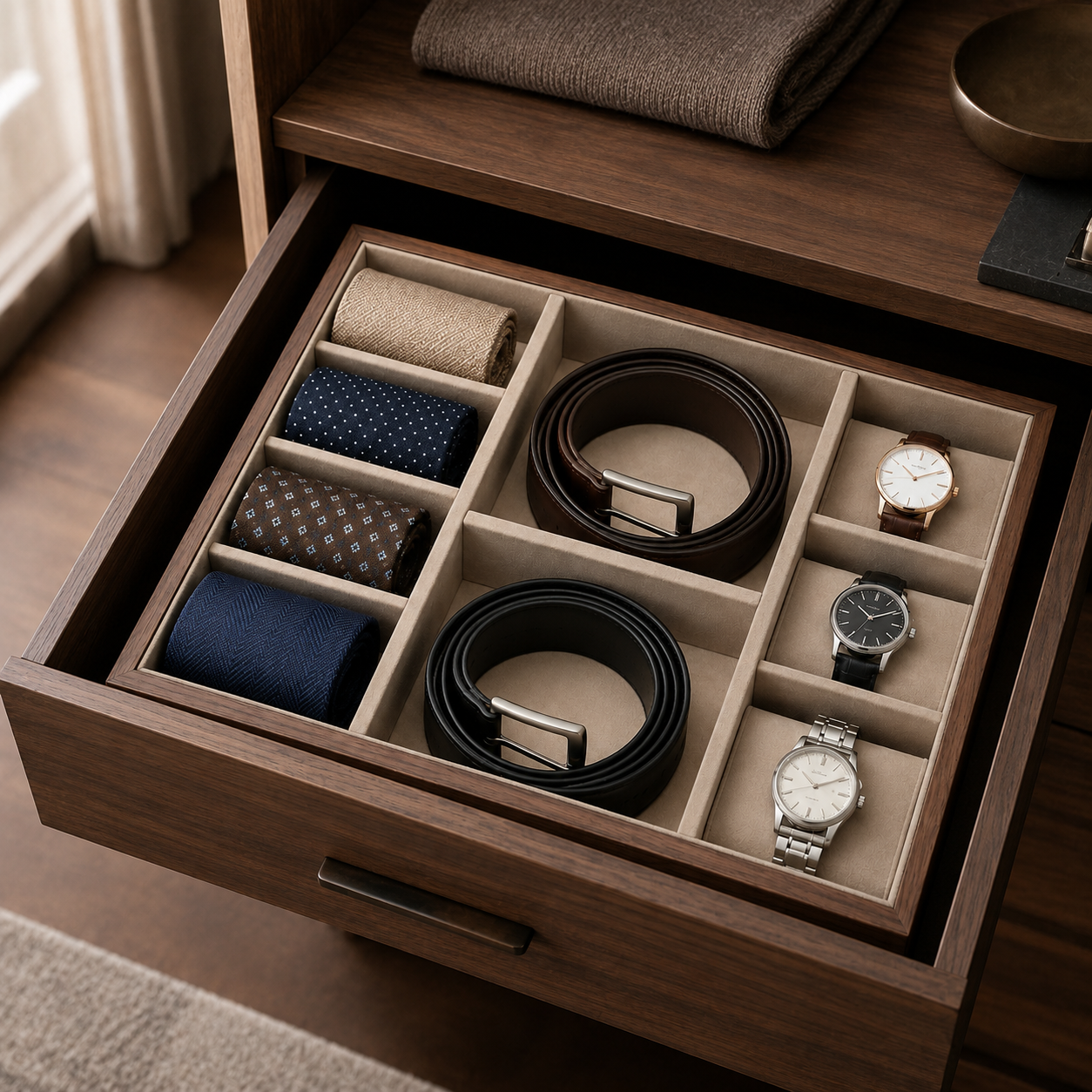 Luxury Tie & Watch Organizer Tray – Multi-Compartment Drawer Storage for Men’s Accessories