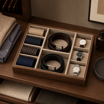 Luxury Tie & Watch Organizer Tray – Multi-Compartment Drawer Storage for Men’s Accessories