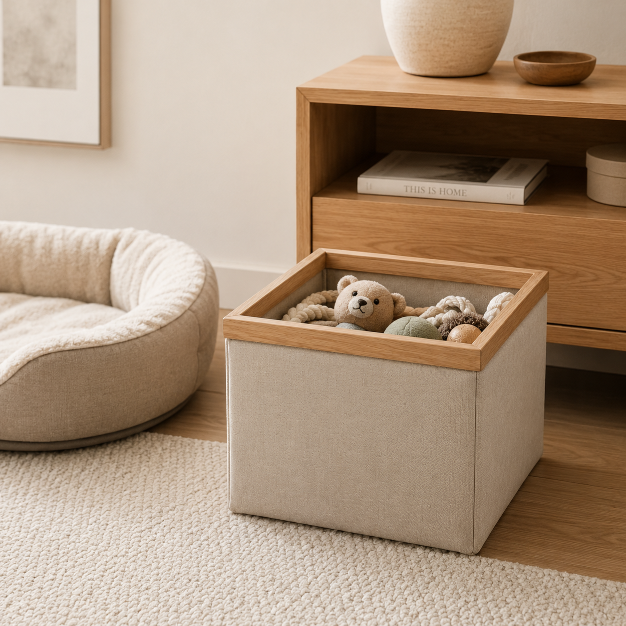 Fabric Storage Basket with Wooden Frame – Minimalist Organizer for Toys, Blankets & Home Storage