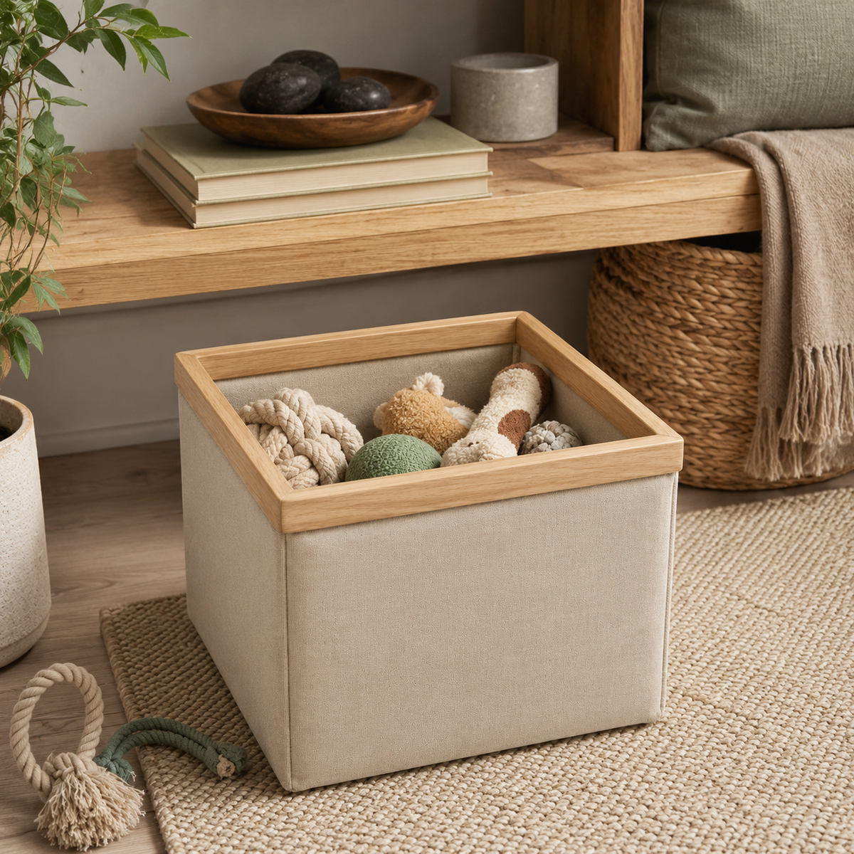 Fabric Storage Basket with Wooden Frame – Minimalist Organizer for Toys, Blankets & Home Storage