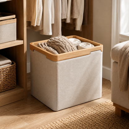 Wood Frame Fabric Storage Basket – Minimalist Home Organizer for Blankets, Clothes & Household Items