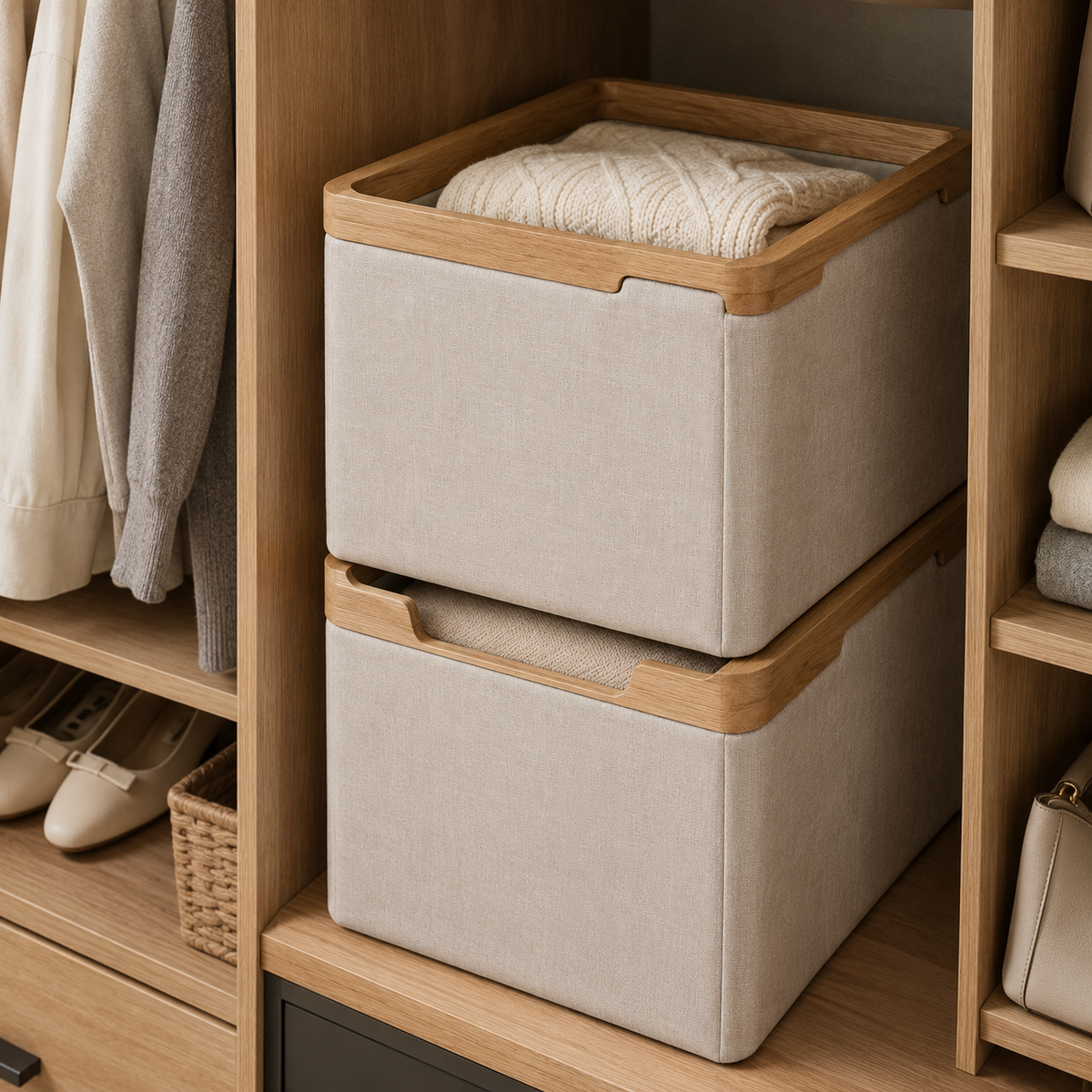 Wood Frame Fabric Storage Basket – Minimalist Home Organizer for Blankets, Clothes & Household Items