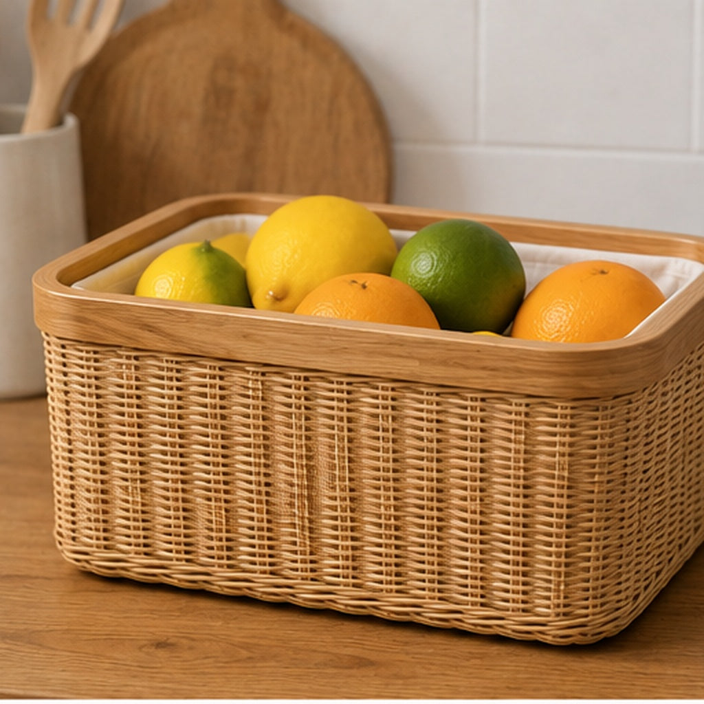 Woven Storage Basket with Fabric Liner – Natural Rattan Organizer for Bathroom, Kitchen & Home
