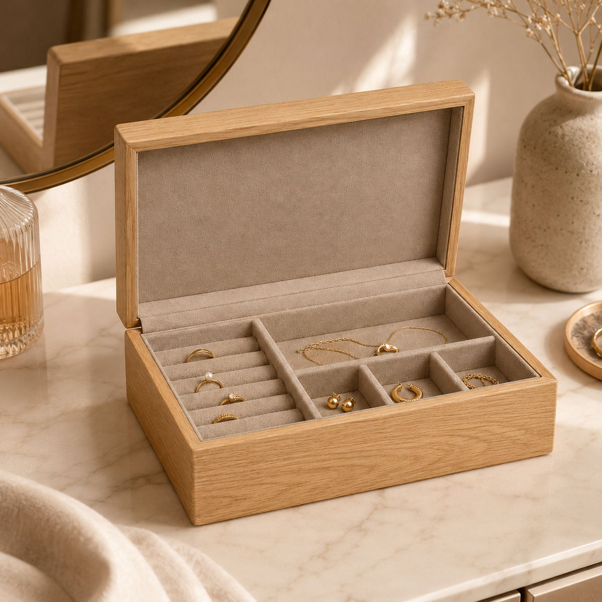 Wooden Jewelry Box with Compartments – Elegant Jewelry Organizer for Rings, Earrings & Accessories