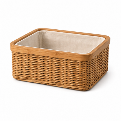 Woven Storage Basket with Fabric Liner – Natural Rattan Organizer for Bathroom, Kitchen & Home